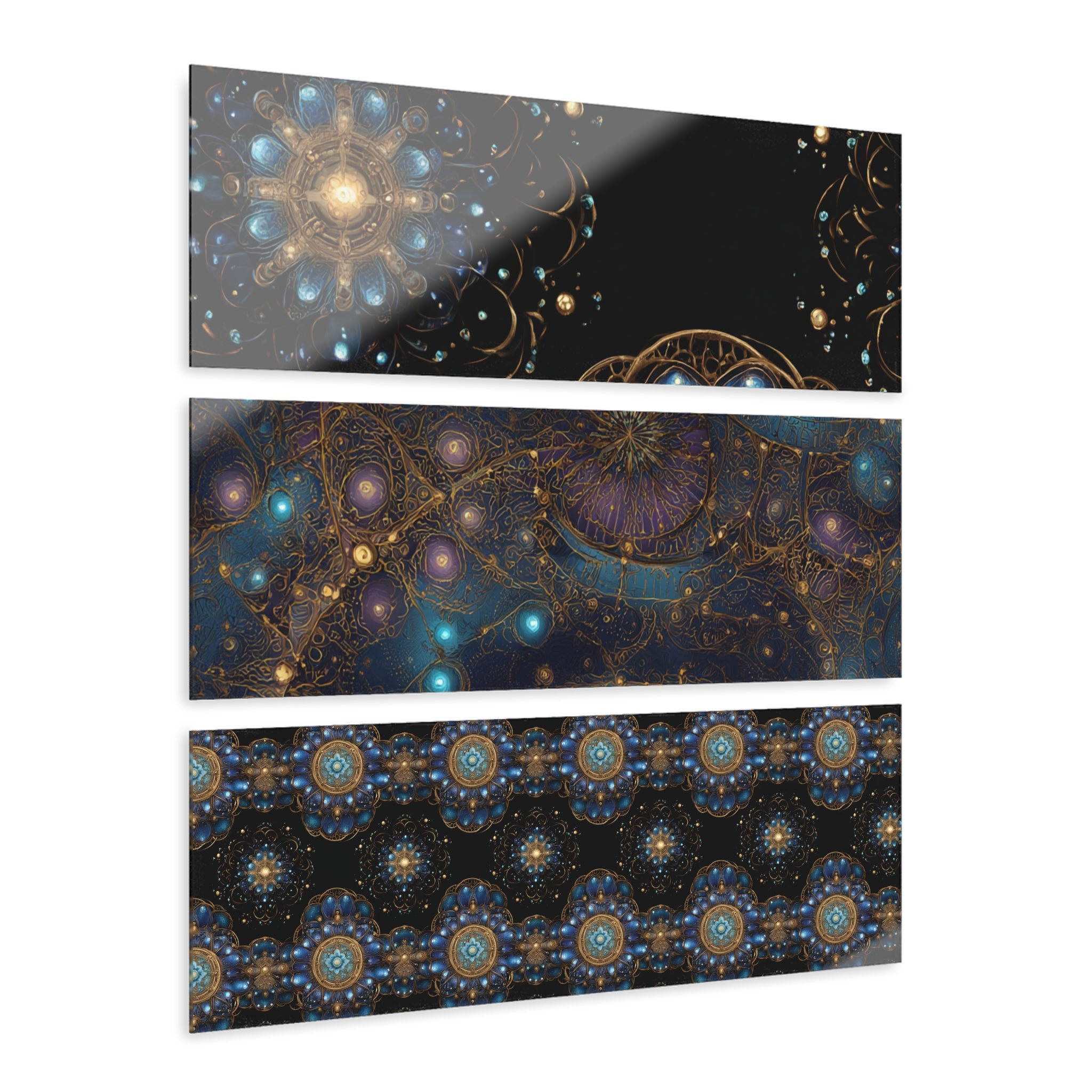 Celestial Sapphire Jewels Triptych Acrylic Wall Art — Fractal Mandala Galaxy Panels