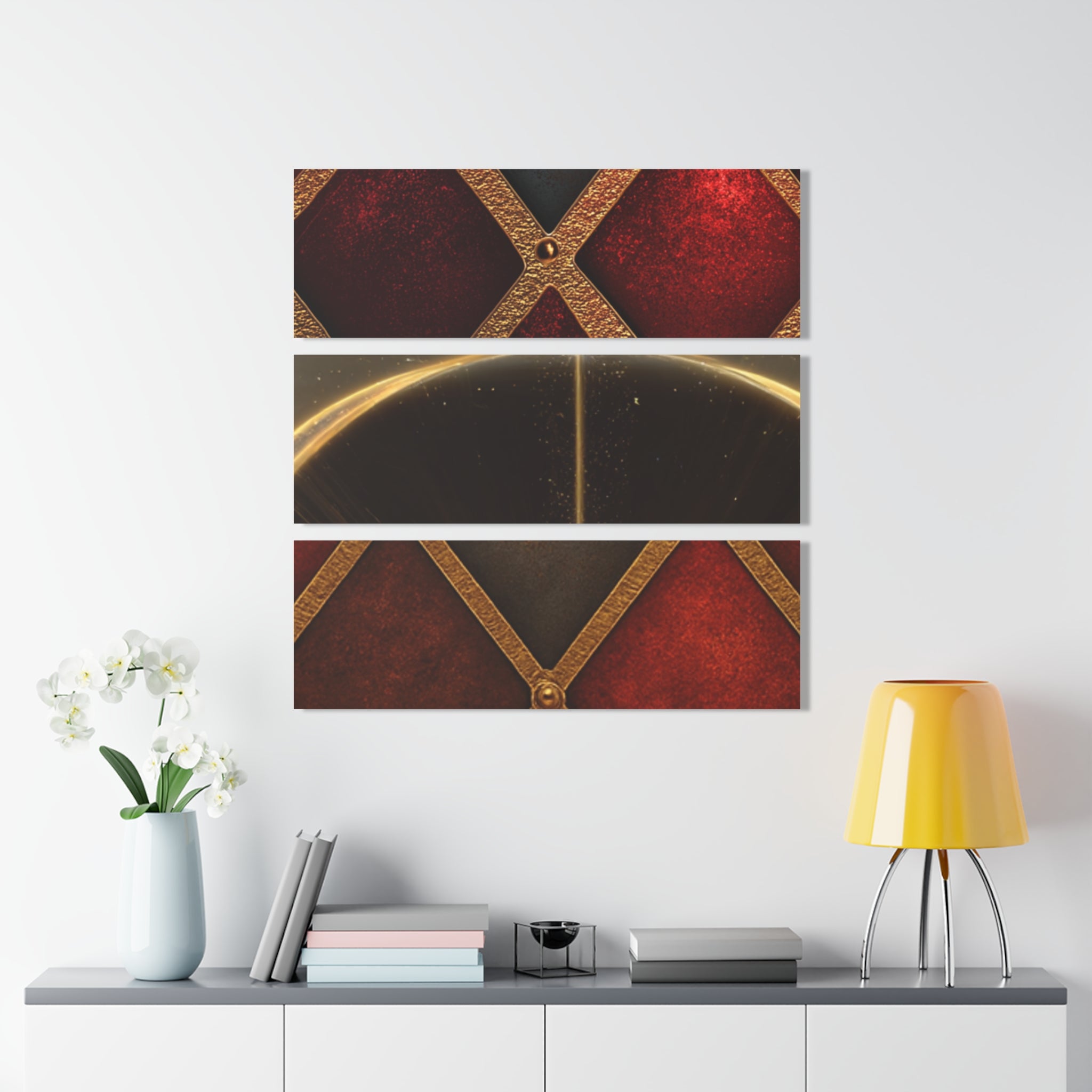 Elegant Red & Gold Geometric Triptych – Luxury Acrylic Wall Art