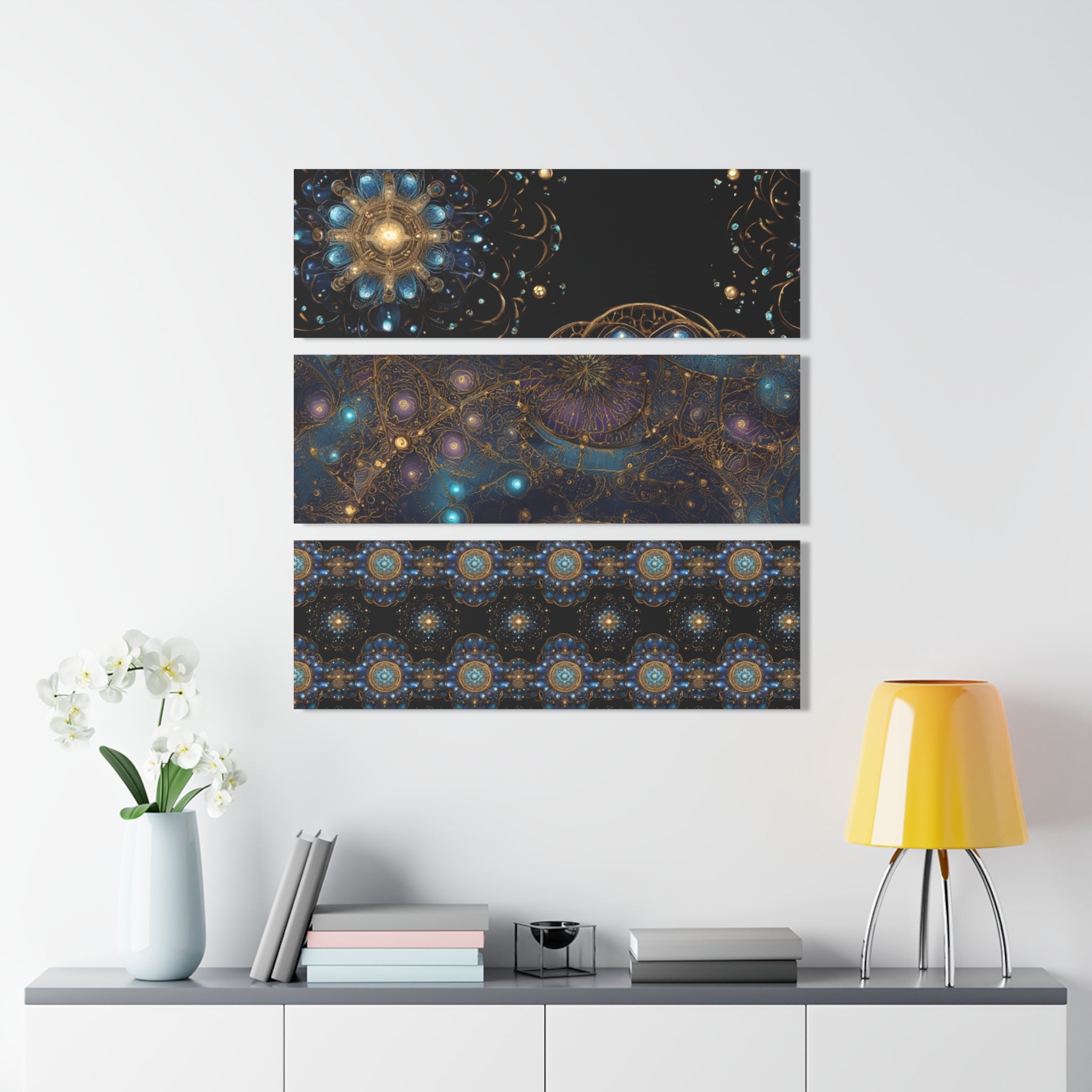 Celestial Sapphire Jewels Triptych Acrylic Wall Art — Fractal Mandala Galaxy Panels