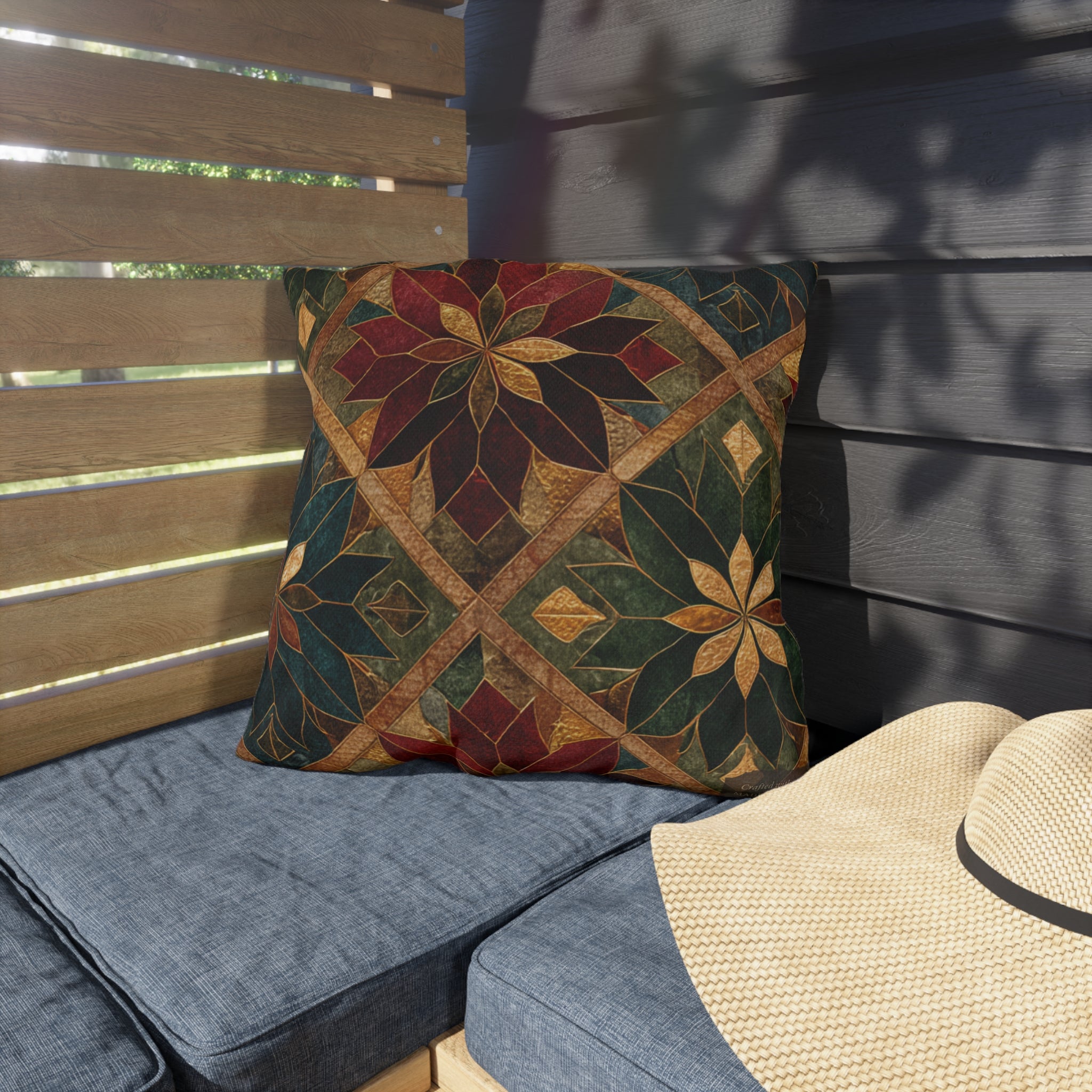 Gilded Poinsettia Outdoor Throw Pillow — Weather-Resistant Patio Cushion