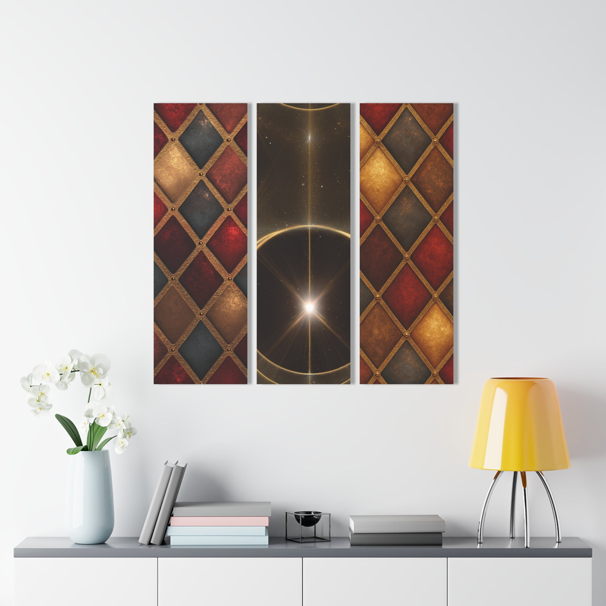 Elegant Red & Gold Geometric Triptych – Luxury Acrylic Wall Art