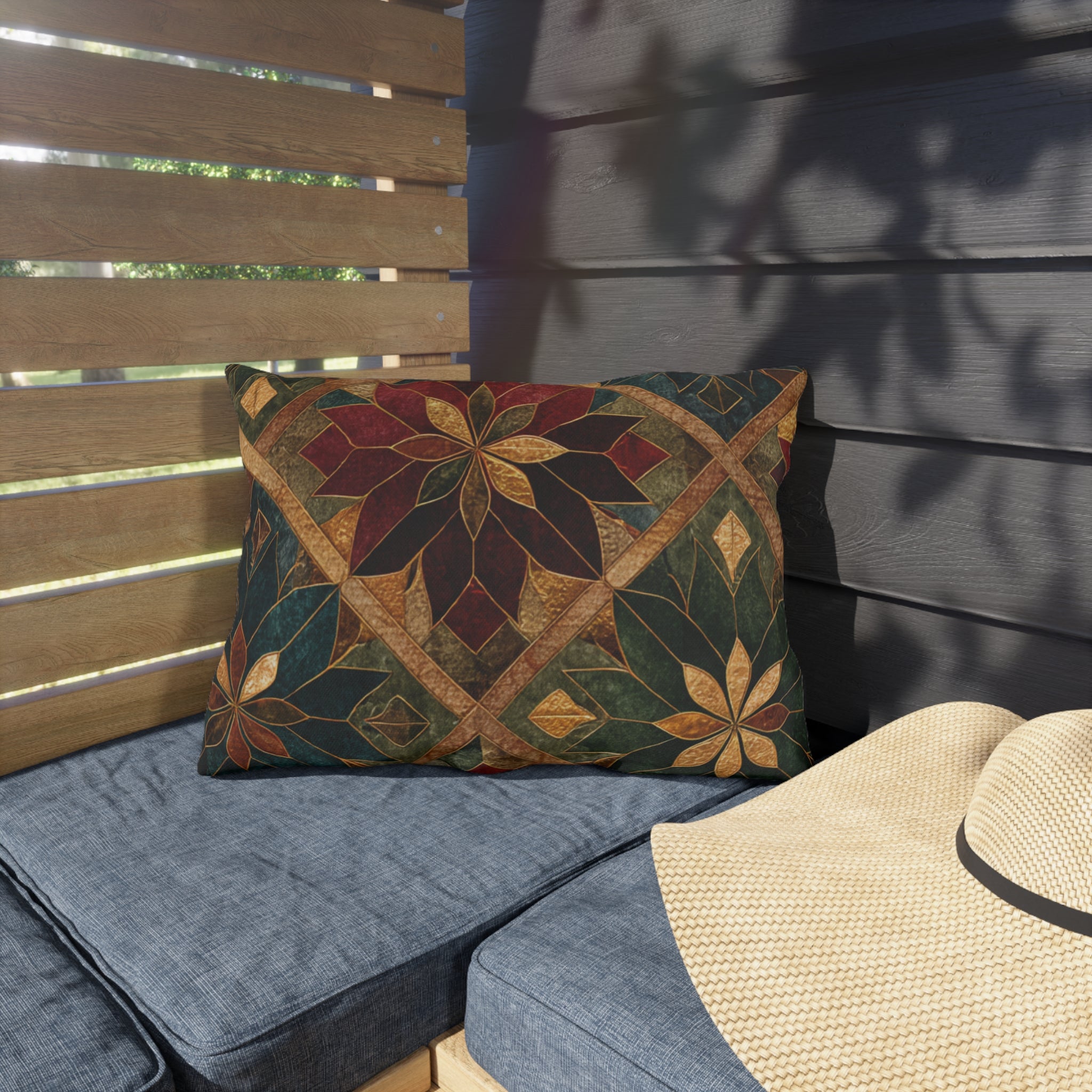 Gilded Poinsettia Outdoor Throw Pillow — Weather-Resistant Patio Cushion