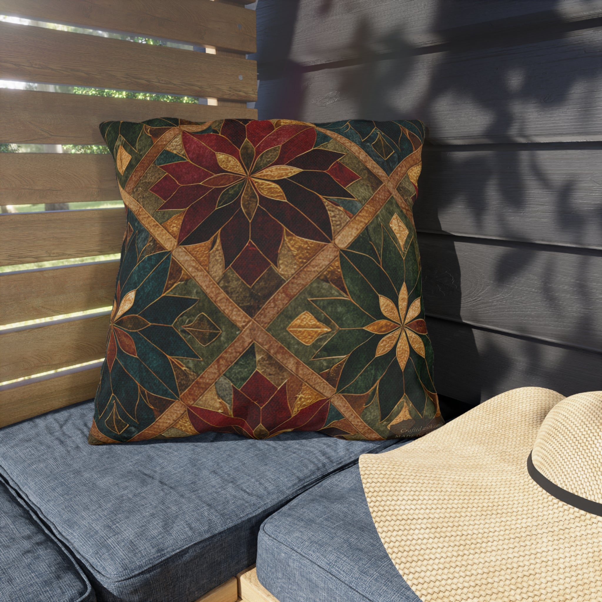 Gilded Poinsettia Outdoor Throw Pillow — Weather-Resistant Patio Cushion