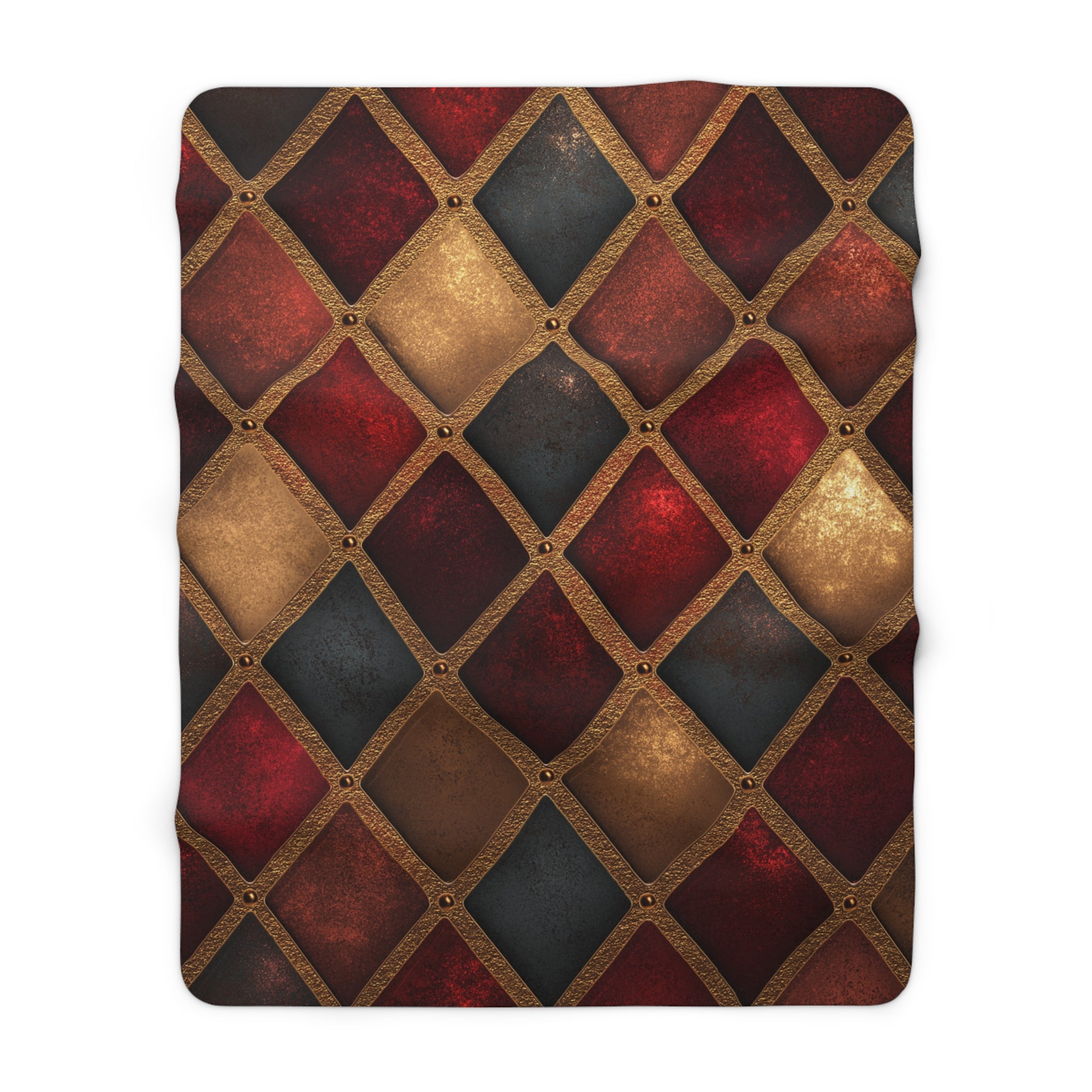 Sherpa Blanket — Vintage Harlequin Diamond Pattern in Rustic Red & Gold