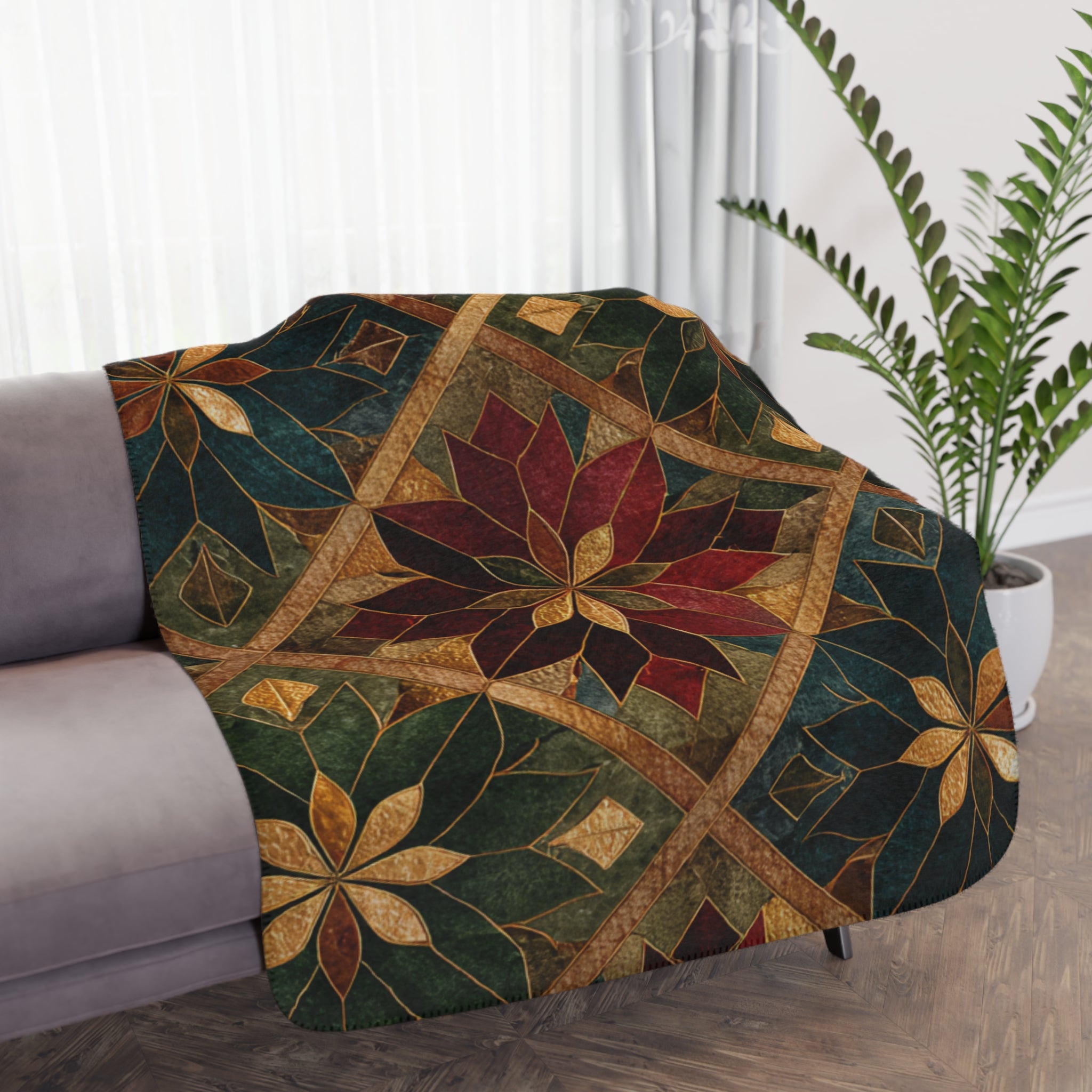 Tan Sherpa Blanket - Rustic Poinsettia Patchwork Throw (Cozy Holiday Gift)