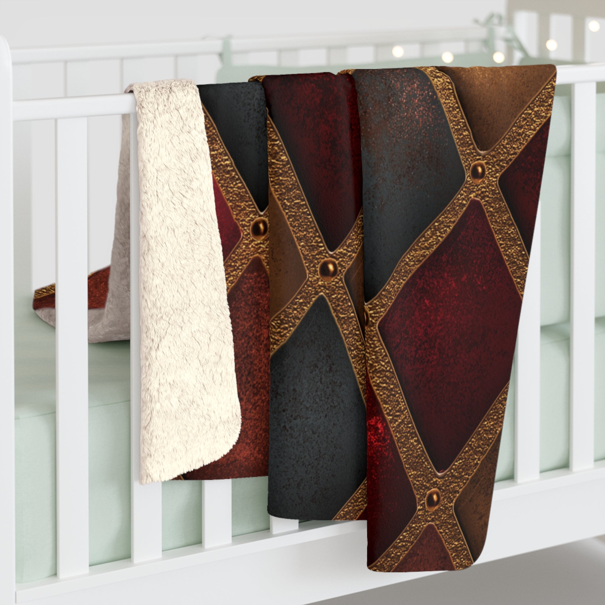 Sherpa Blanket — Vintage Harlequin Diamond Pattern in Rustic Red & Gold