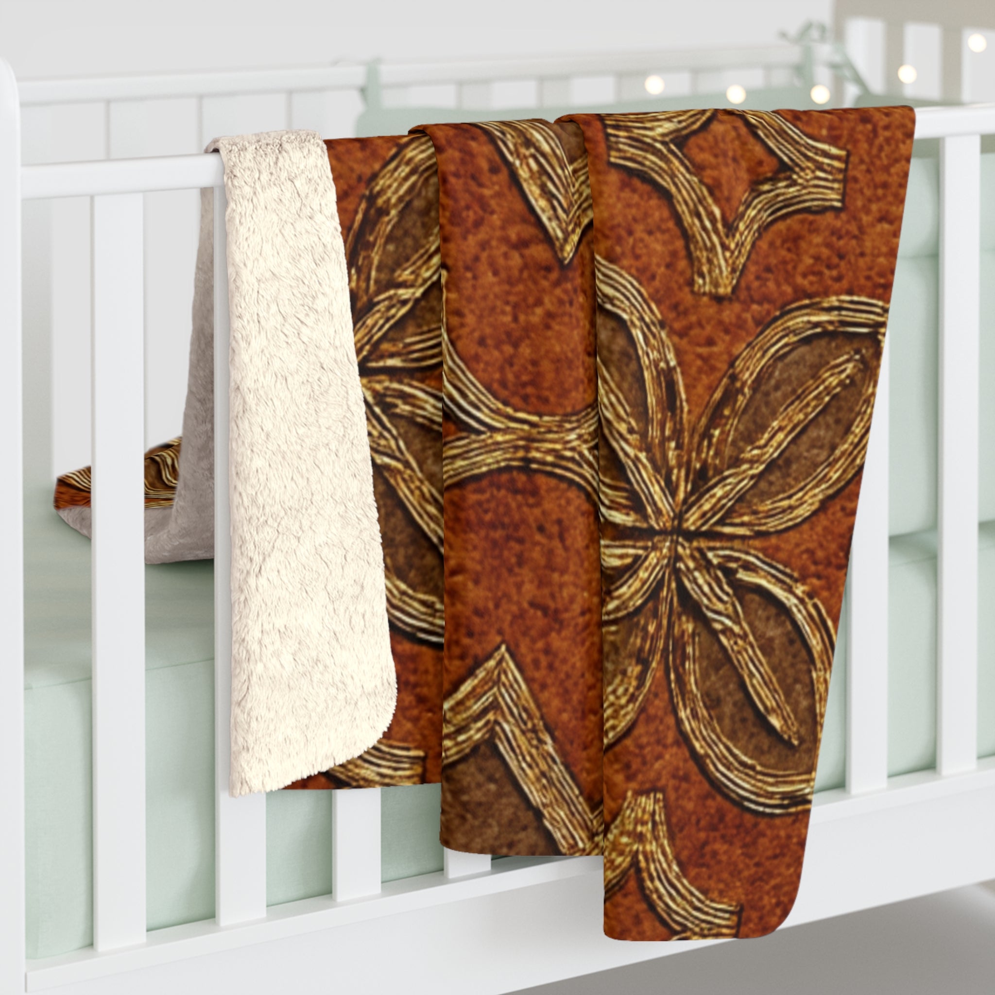 Gilded Rustic Tile Pattern Sherpa Blanket — Cozy Fleece Throw for Living Room & Cabin Décor