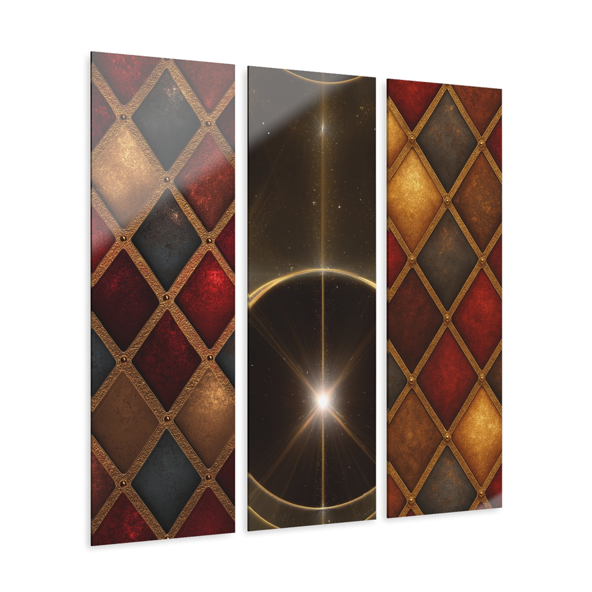 Elegant Red & Gold Geometric Triptych – Luxury Acrylic Wall Art
