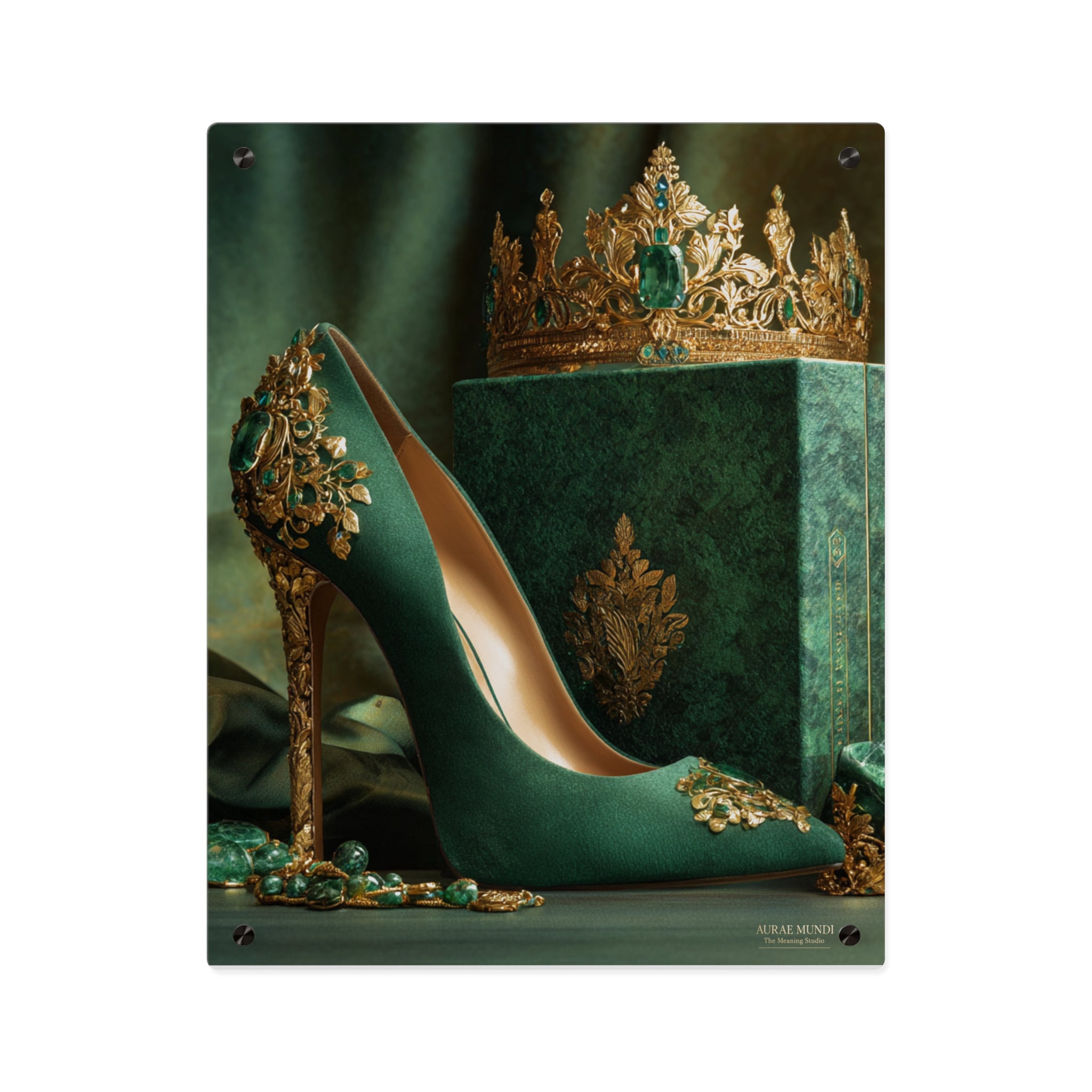 Emerald Kingdom Heirloom Acrylic Wall Art Panel — Royal Green Stiletto & Crown Décor